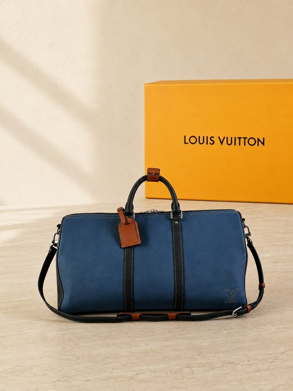 Blue Taurillon Keepall 50 Travel Bag with Shoulder Strap by Louis Vuitton